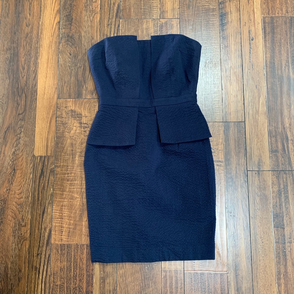 Strapless peplum Seersucker Navy dress